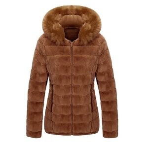 Camel Double Sided Faux Fur Puffer Jacket Hooded-Fur